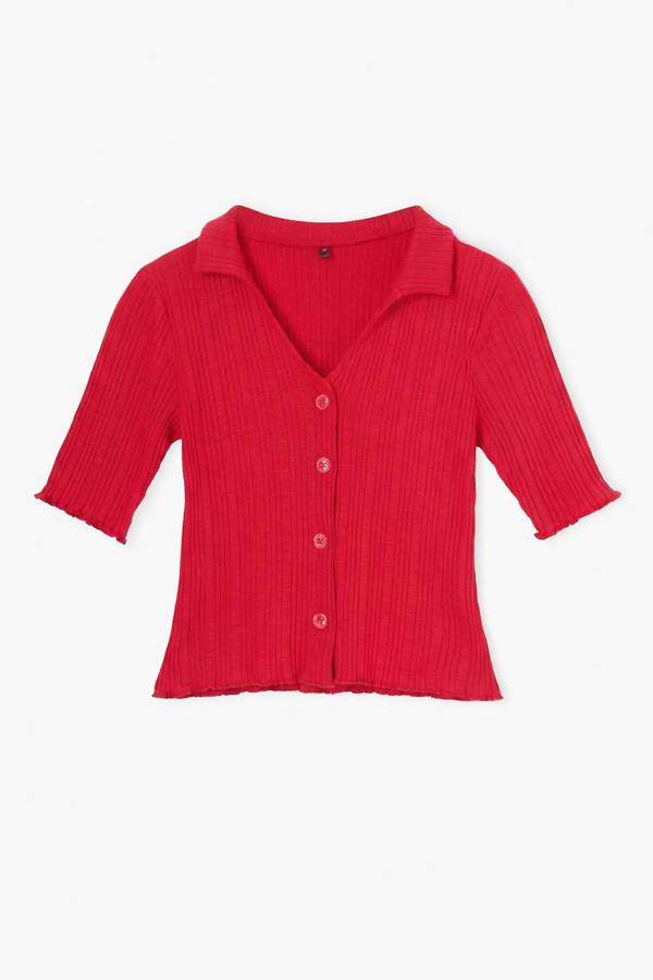 WOVCOR Fitted Scoop Neck Button Detail Cropped Long Sleeve Blouse