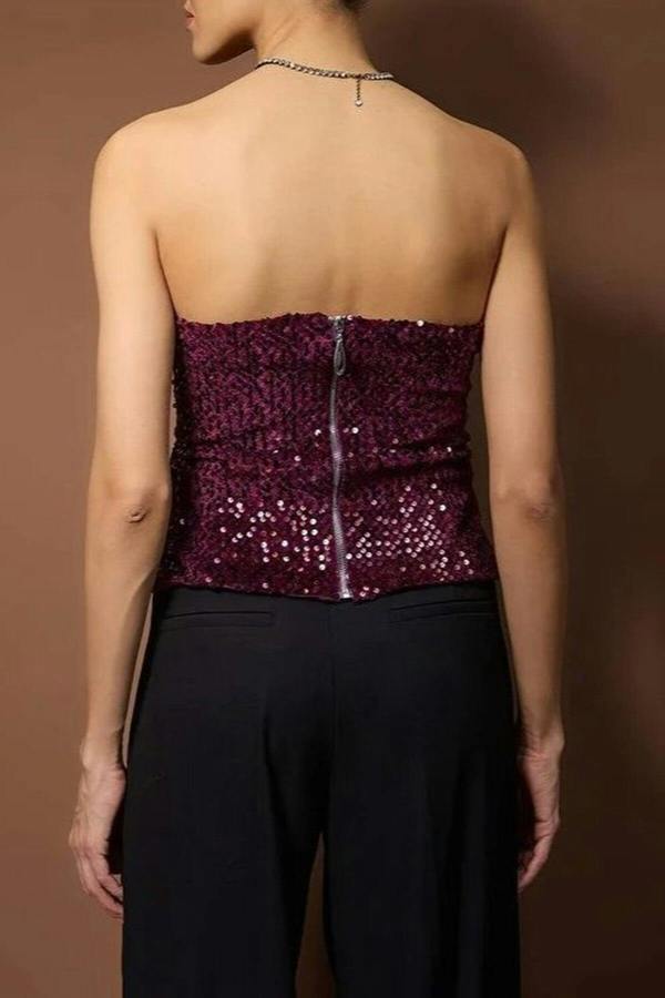 WOVCOR Strapless Sequined Fitted Party Blouse