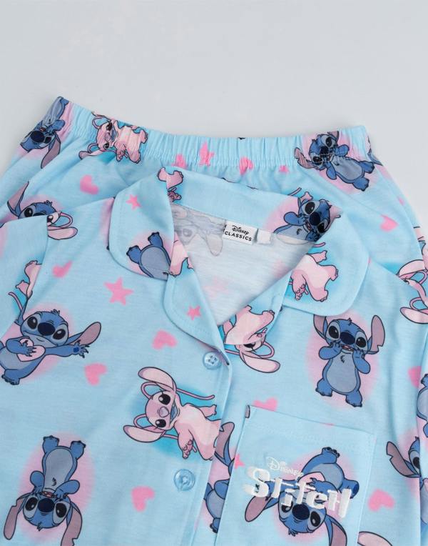 Vanilla Underground Disney Lilo & Stitch Girls Blue Character Long Sleeve Long Leg Pyjama Set