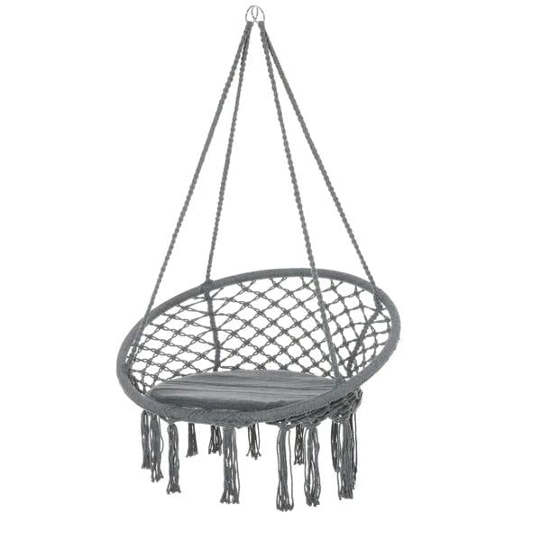 Grey macrame hanging rope chair with round net seat, grey cushion, and fringe tassels
