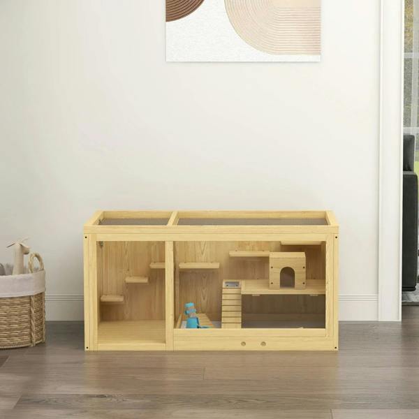 Natural wood hamster cage with internal platforms, hut, and ladder in a roomy layout