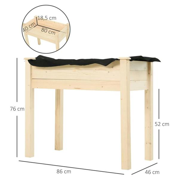 Natural wood raised planter box with black liner and open top frame