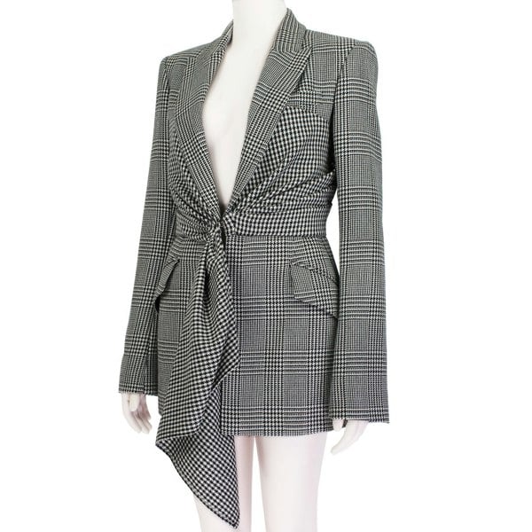Alexander McQueen black white grey trouser suit with draped jacket blazer