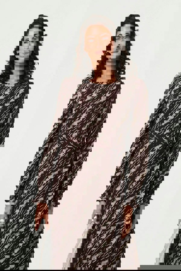 Brown | Printed Tie Waist Semi Sheer Maxi Dress
