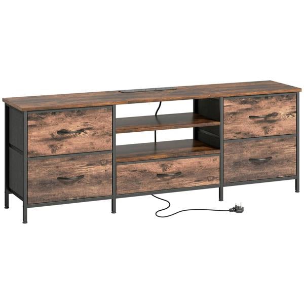 Industrial TV stand with open center shelf and two drawers, rustic brown top, black metal frame.