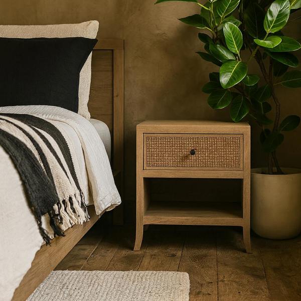Wyld Haus Argentina Natural Oak and Rattan One Drawer Bedside Table