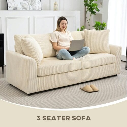 Bobobiy Modern 3 Seater Sofa with Spring Cushion, 212 cm Fabric Jumbo Cord Sofa Couch with 2 Scatter Cushions, Cream White