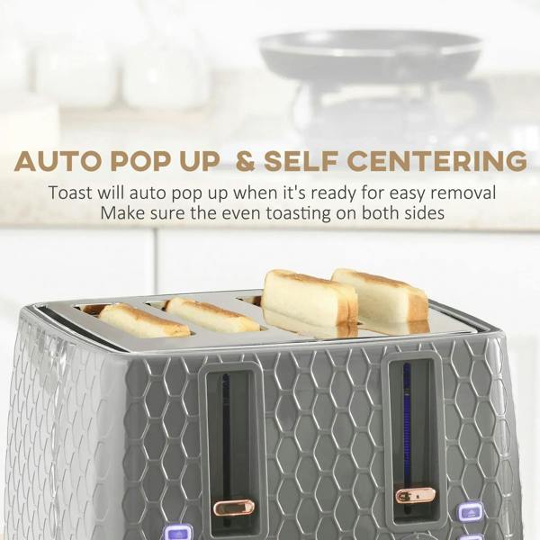 Grey 4-slice toaster showing auto pop-up slots and self-centering toast, rose-gold controls