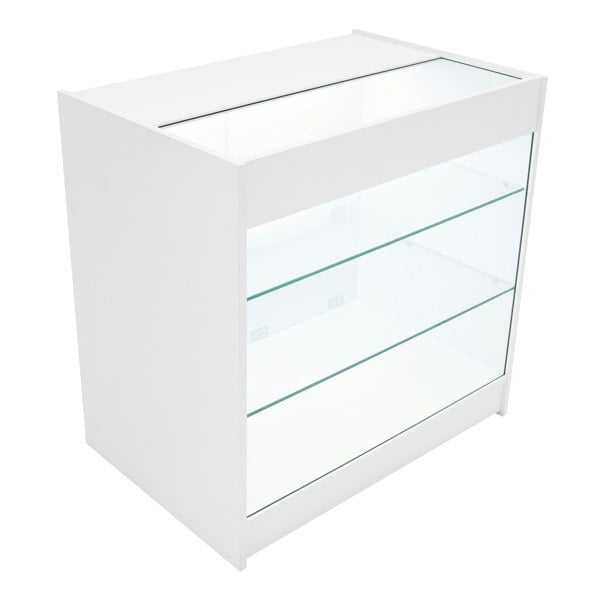 White Calliope LED shop counter set featuring a sleek design, glass shelves, and a modern finish, ideal for retail displays