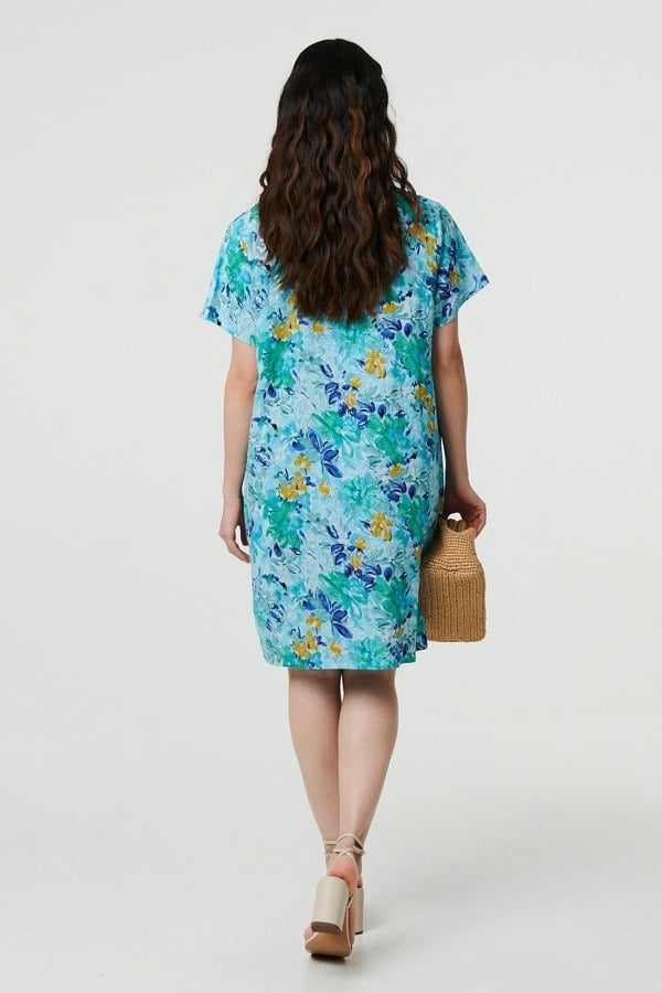 Blue | Floral 1/2 Sleeve Knee Length Shift Dress
