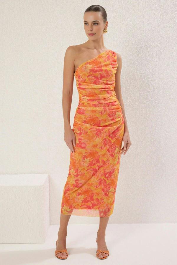 WOVCOR One-Sleeve Tulle Stretch Knit Midi Pencil Dress with Accessory Details
