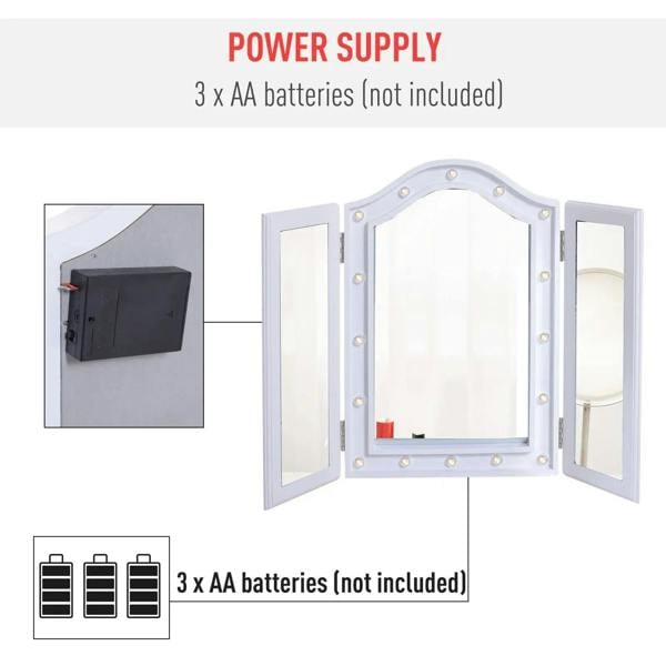 White tri-fold tabletop mirror with LED bulbs and battery power supply diagram