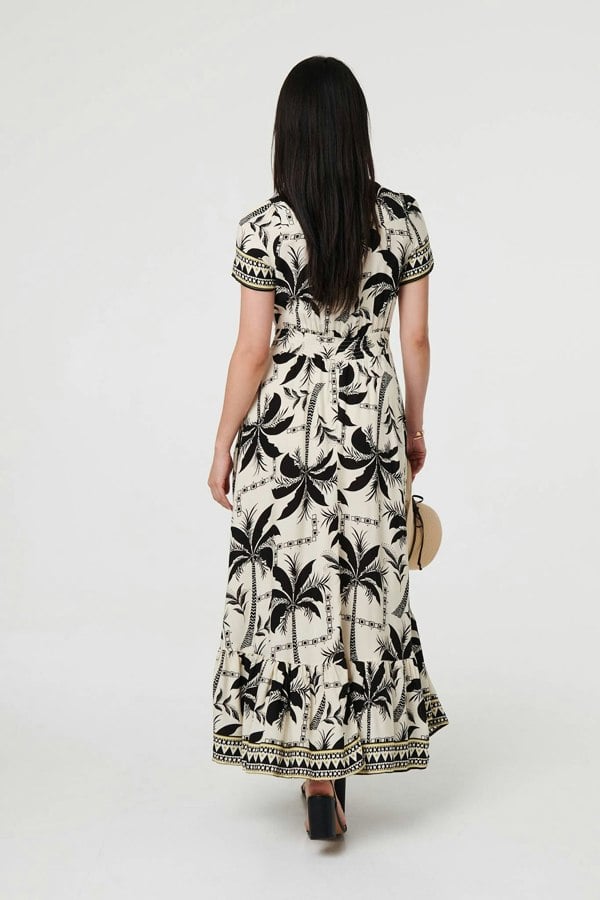 Black | Leaf Print Short Sleeve Maxi Smock Dress
