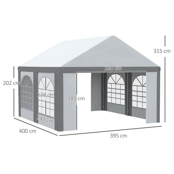 Light grey gazebo with side panels and arched windows, front and side view dimensions