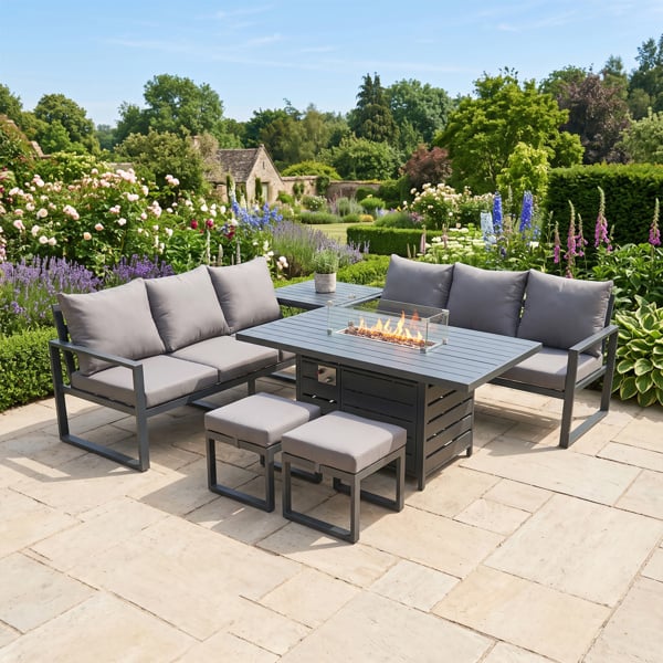 Fimous Aluminium 8 Seater Outdoor Garden Furniture Lounge Sofa Set Gas Fire Pit Dining Table with 2 Small Footstools Side Table Dark Grey