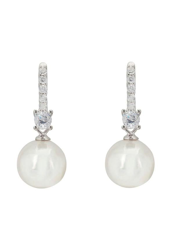 Pair of pearl earrings with diamond-like stones on a white background