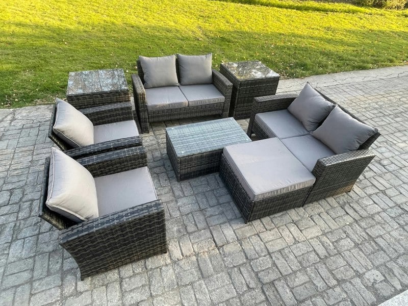 Fimous 8-Piece Rattan Garden Furniture Set - Dark Grey Mixed Wicker Patio Sofa & Chair Set with Coffee Table & 2 Footstools