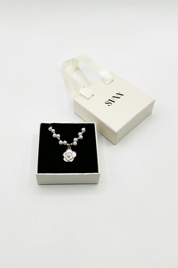 SVNX Pearl Chain Necklace with Camellia Pendant - Gift Boxed