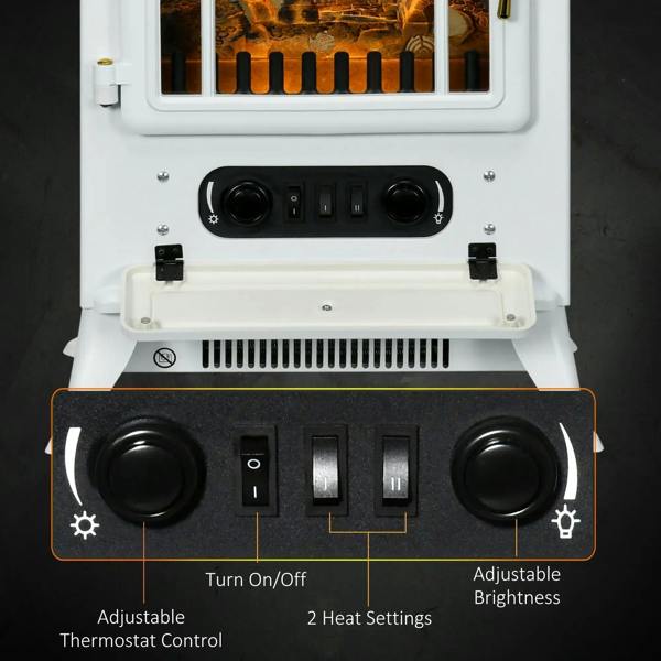 White electric fireplace stove control panel with heat settings and brightness dial