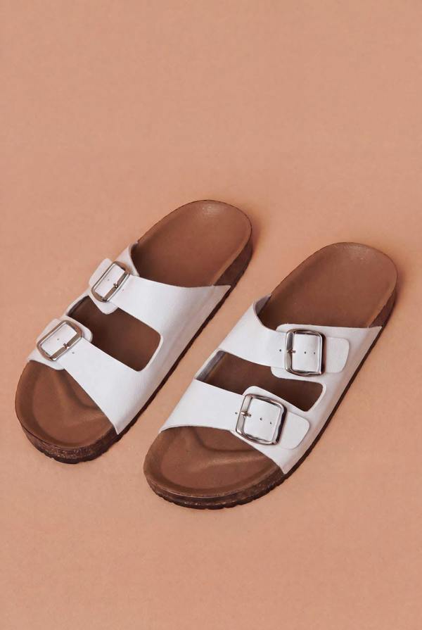White | Faux Leather Buckle Strap Flat Sandals