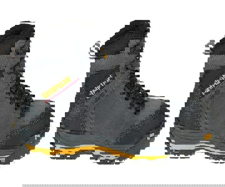 Caterpillar Munising Mens Composite Toe/Midsole S3 Water-Resistant Safety Boots, side view of a gray and black safety boot with yellow accents and durable sole.