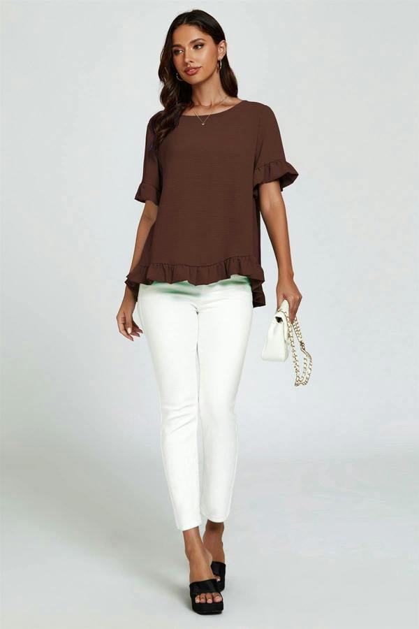 FS Collection Frill Detail Short Sleeves Top In Brown