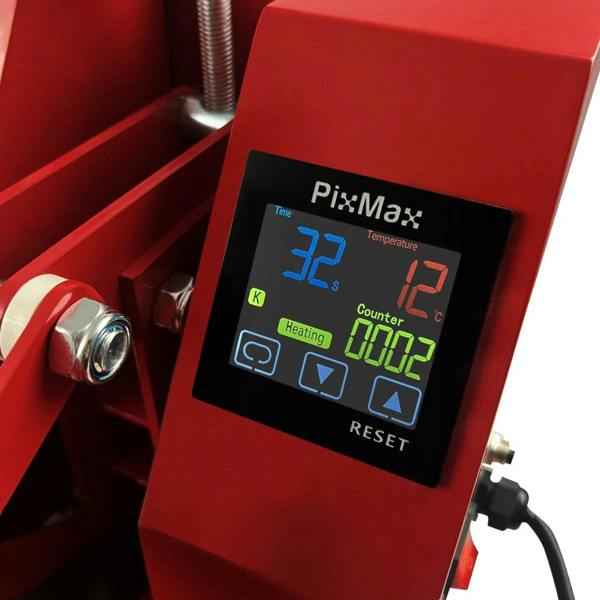 PixMax T-Shirt Sublimation Heat Press Machine control panel displaying time, temperature, and counter settings in vibrant colors