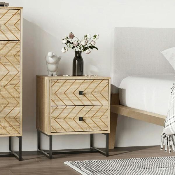Natural wood bedside cabinet with two drawers, zigzag pattern, black handles and metal stand