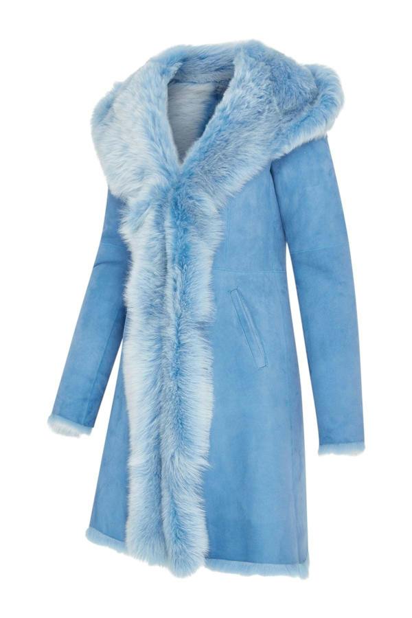 Infinity Leather Womens Blue Toscana Sheepskin Suede Leather Hooded Trench Coat - Aura