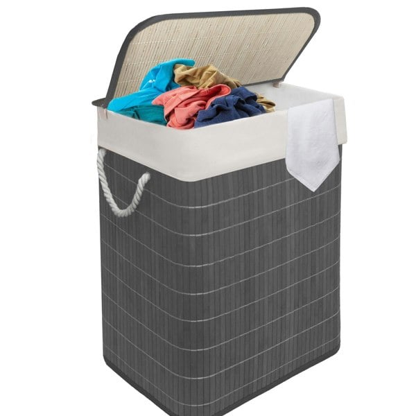 MANTRARAJ Bamboo Laundry Basket 105L Laundry Hamper with Lid Foldable Laundry Bin with 2 Compartments Grey