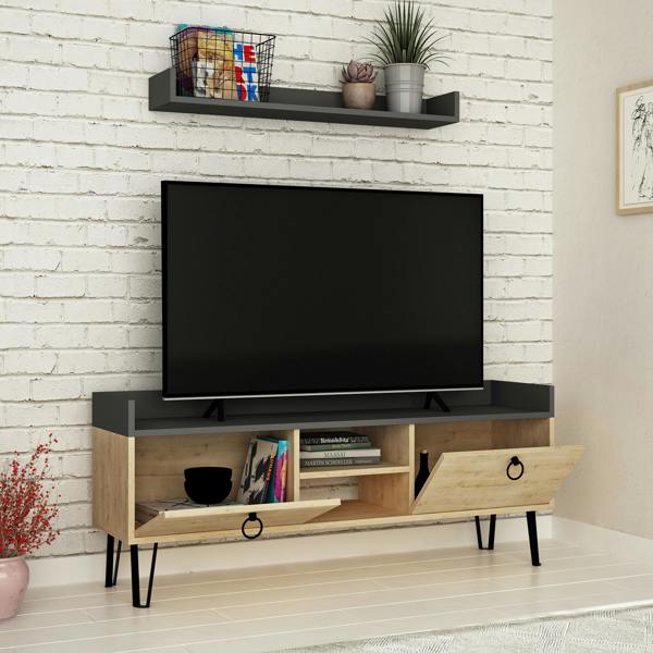 Decortie Keday Modern TV Unit Multimedia Centre Oak with Wall Shelf Unit 140cm