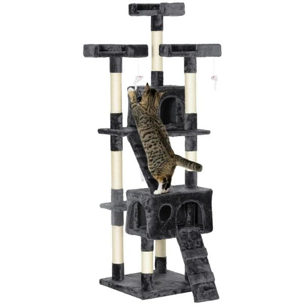 Dark grey cat tree tower with multiple perches, enclosed condos, and scratching posts