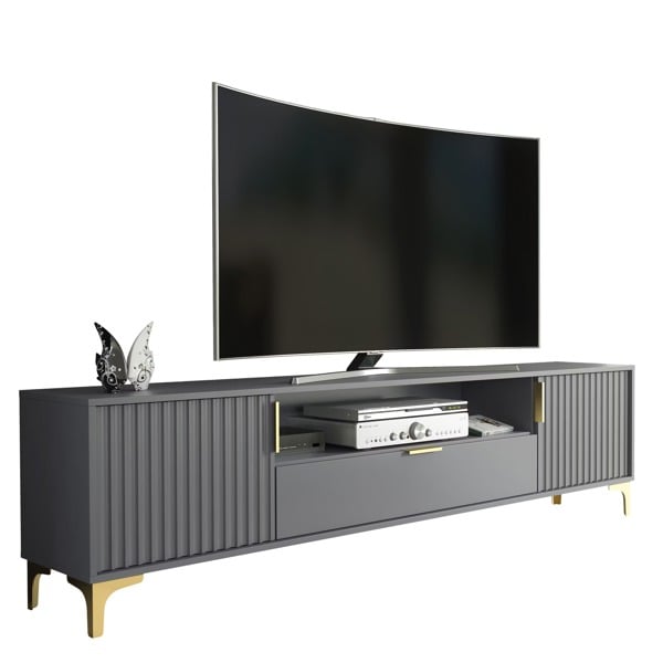 Mex Furniture Luxurious Grey TV Stand with Fluted Doors & Gold Accents – 200cm Media Console