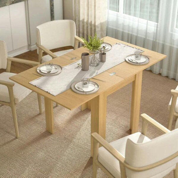 Folding Dining Table for 4-6, Rectangular Extendable Drop Leaf Table for Small Spaces, 140 x 80 x 77.5 cm, Natural - Natural Wood