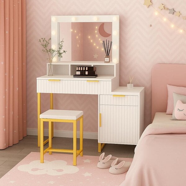 Kosy Koala White Modern Dressing Table with Bulb Lights Mirror Vanity Makeup Desk Stool Set