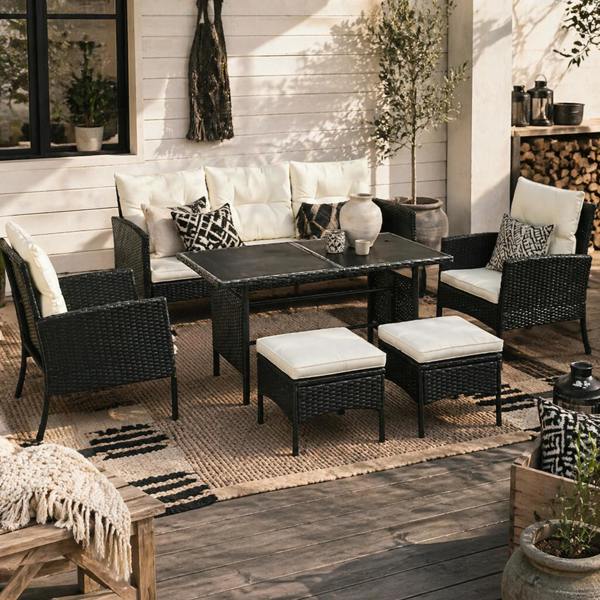 Wyld Haus Coma 7 Seater Black and White Rattan Garden Sofa Set With Armchairs Footstools And Glass Dining Table
