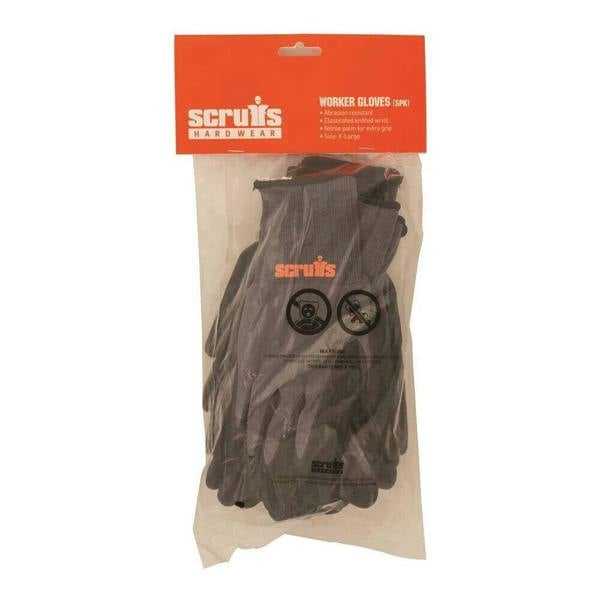 Scruffs Worker Gloves Mens Work Padded Palm Gloves - 3PK, pair of black padded work gloves in plastic packaging with orange and black branding.