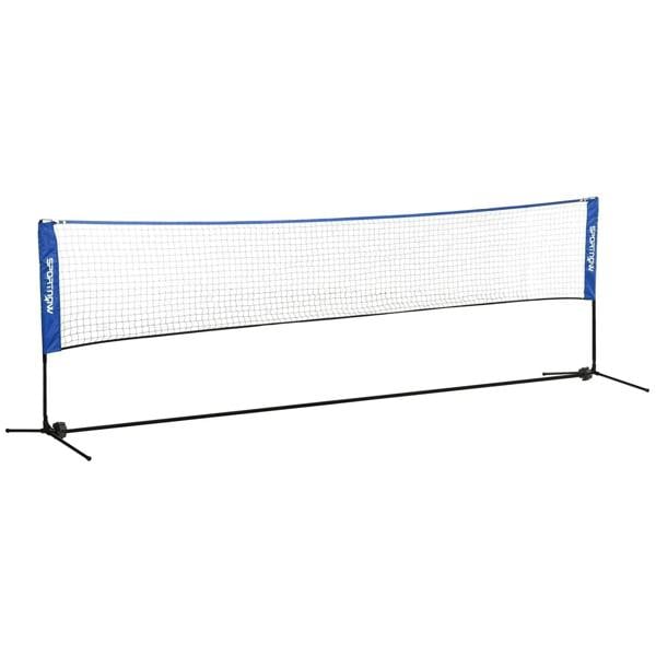 Blue height-adjustable sports net with black frame and square mesh