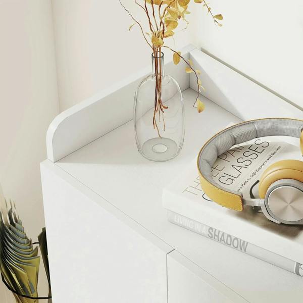 White shoe cabinet top surface with molded edge and inner shelf corner detail.