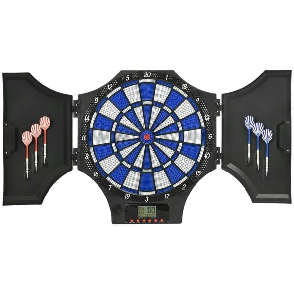 Electronic dartboard set with blue scoring board, side compartments, and 6 darts