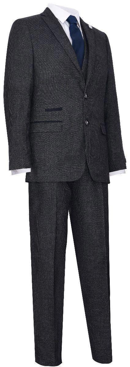 TruClothing Men's 3 Piece Black Herringbone Tweed Suit