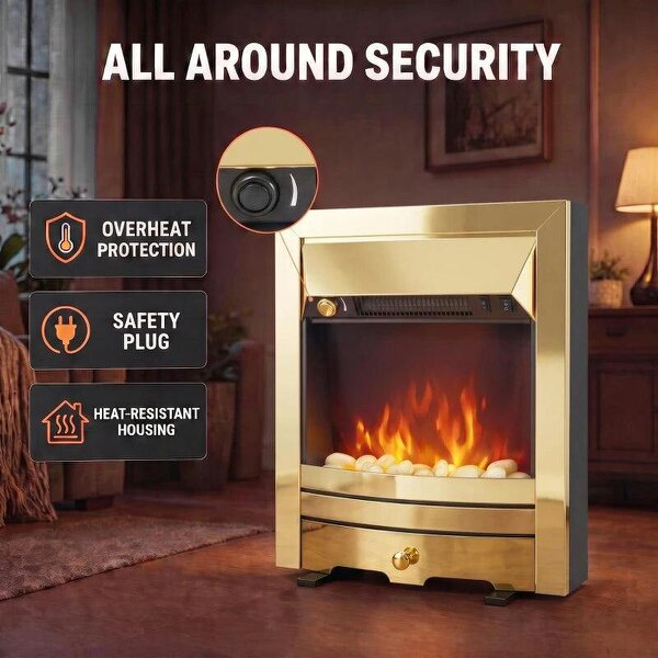 Electric Fireplace Stove Freestanding/Inset, 2000W, Electric Fire with LED Flame, Pebbles, Adjustable Thermostat, Gold
