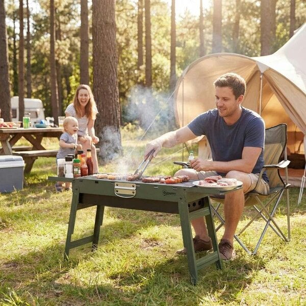 Bobobiy Portable BBQ Grill, Foldable Charcoal Grill for Camping and Picnics with 2 Side Shelves and Handle, Green - Green