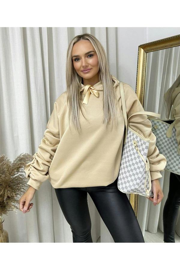 Clarissa Oversized Ruched Sleeves Knitted Hoodie With Ribbon Detail - Beige