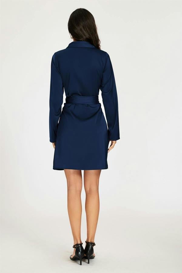 FS Collection Satin Wrap Tie Mini Shirt Dress In Navy
