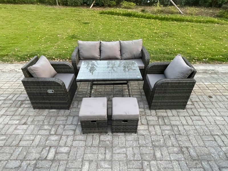 Fimous 7 Seater Rattan Conservatory Sofa Set - Rectangular Dining Table, Reclining Chair, 3-Seater Sofa & 2 Footstools