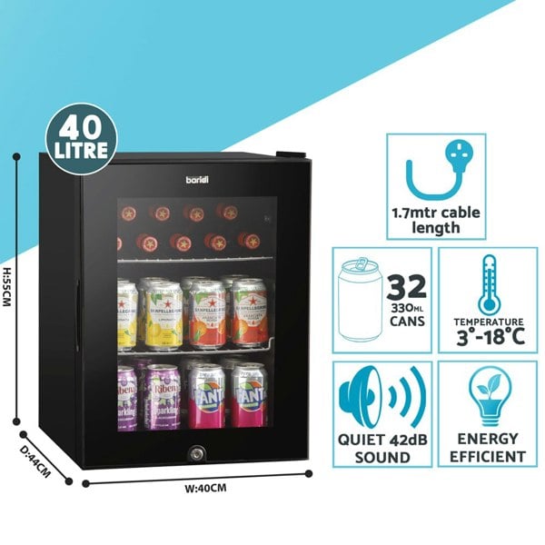 40L Freestanding Worktop Wine Beer Drinks Fridge Cooler - BLACK & GLASS Door - LoopsDirect
