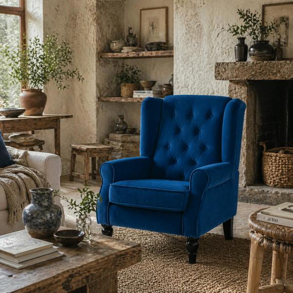 Wyld Haus Topano Blue Retro Wingback Accent Armchair With Diamond Button Tufted Upholstery