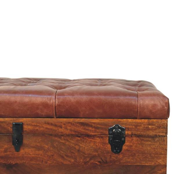Artisan Furniture Solid Wood Brown Buffalo hide leather Storage Trunk
