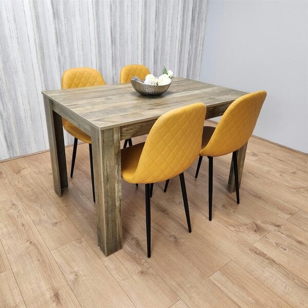 Kosy Koala Dining Table and 4 Chairs Rustic Effect Table with 4 Mustard Gem Patterned Chairs